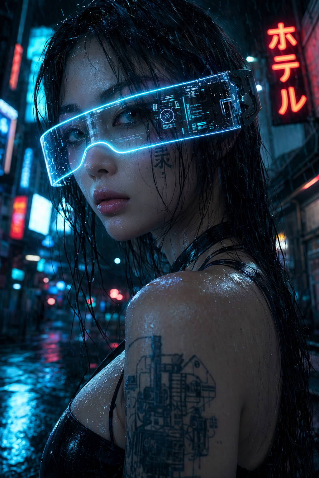 Cyberpunk woman with neon AR visor