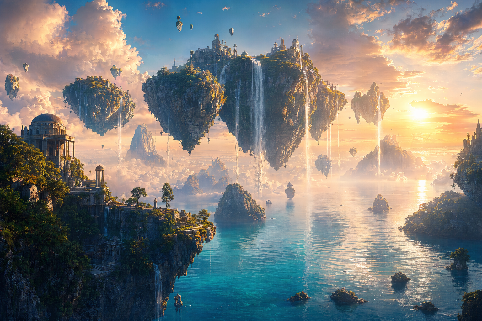 Fantasy floating sky islands at golden hour