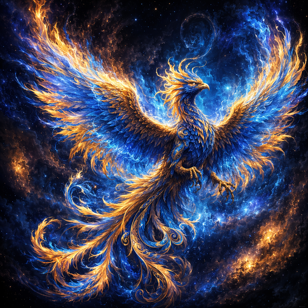 Cosmic phoenix with electric blue flames