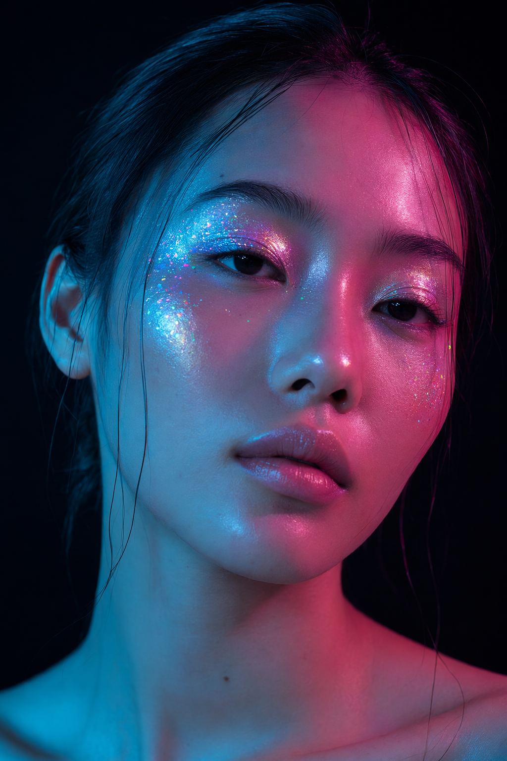 Holographic makeup editorial portrait