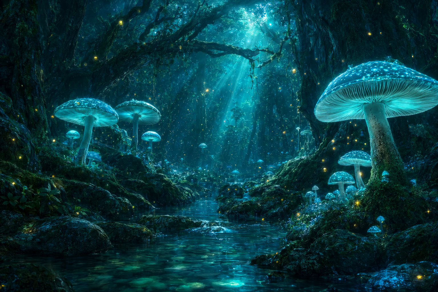 Bioluminescent enchanted forest at night